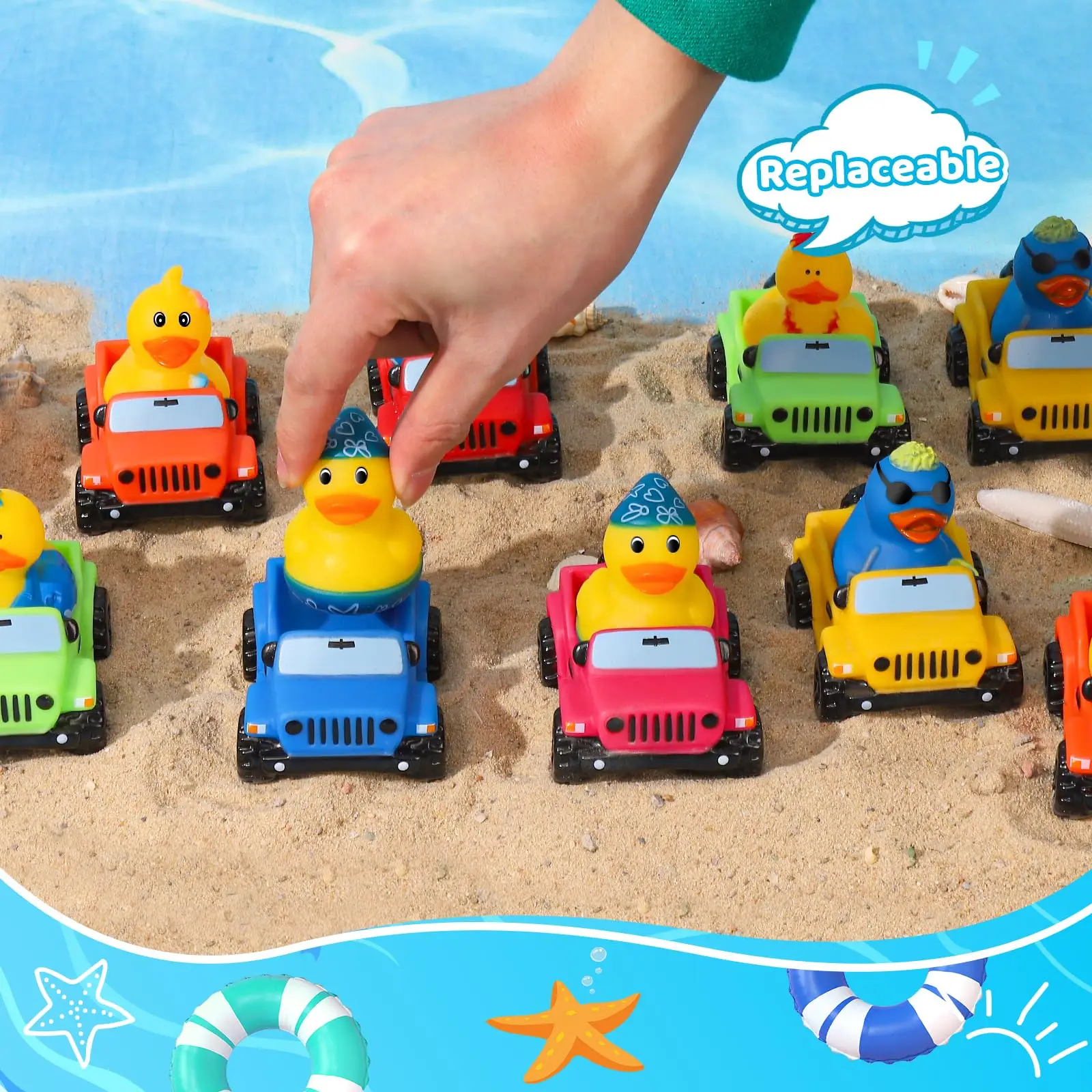 24 szt. letnich gumowych kaczek Jeep Ducks, letnich gumowych kaczek plażowych, 3,5-calowych kaczek Jeep Ducks do duckingu, jeepów dla 2-calowych kaczek, 12 Su