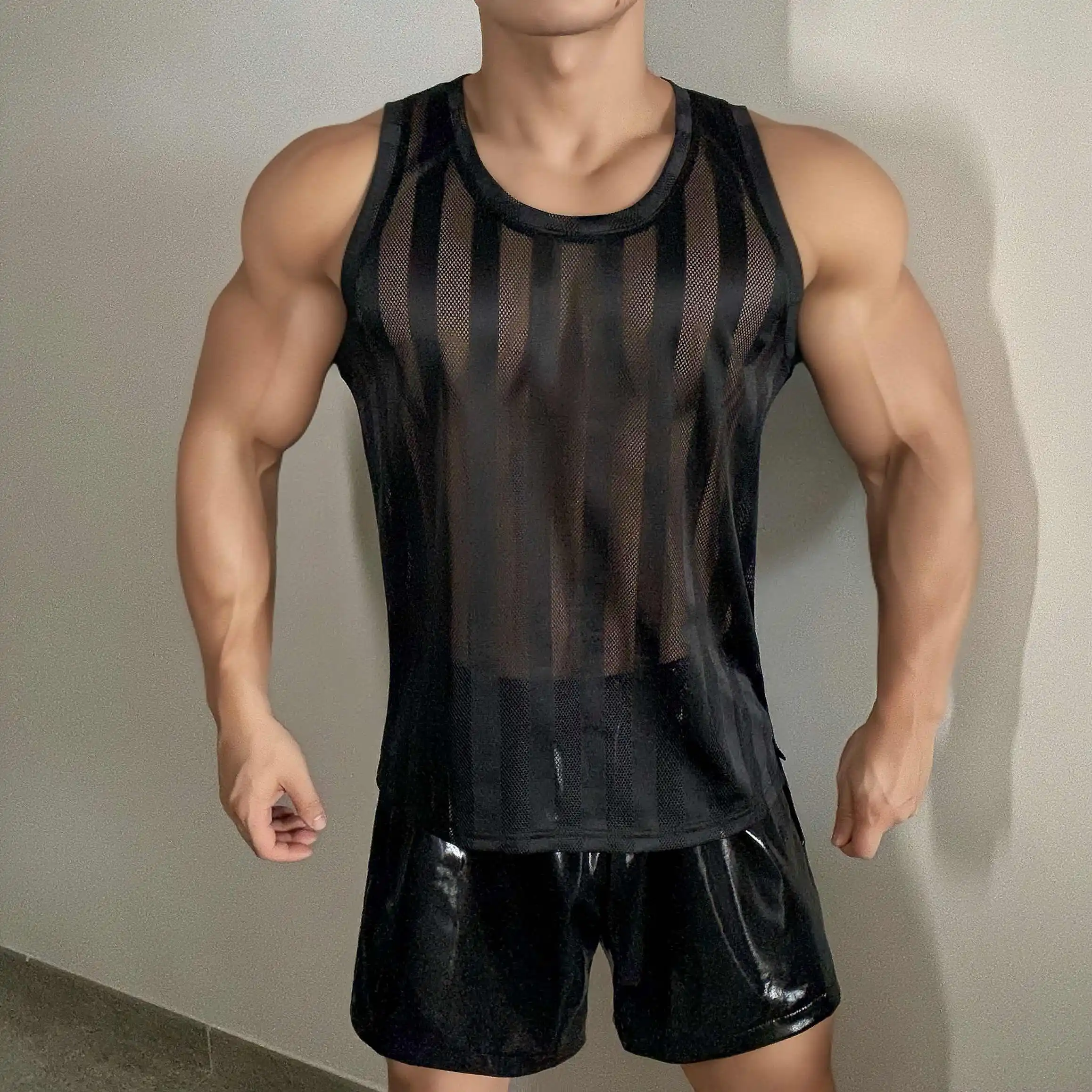 

Muscular Man Black Pole Dance Vest Sexy Mesh Jazz Dance Tops Bar Nightclub DS DJ Rave Outfits Stage Hip Hop Dance Wear XS9952