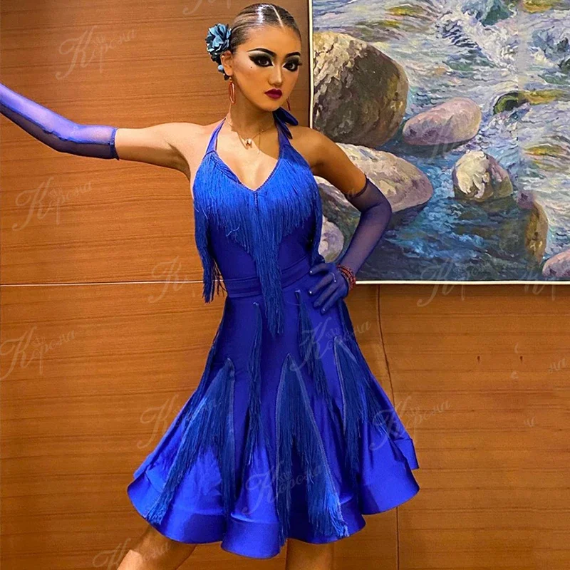 

Royal Blue Latin Dance Competition Dress Women Halterneck Fringe Dress Professional Latin Dance Costume Stage Dresses DNV20922