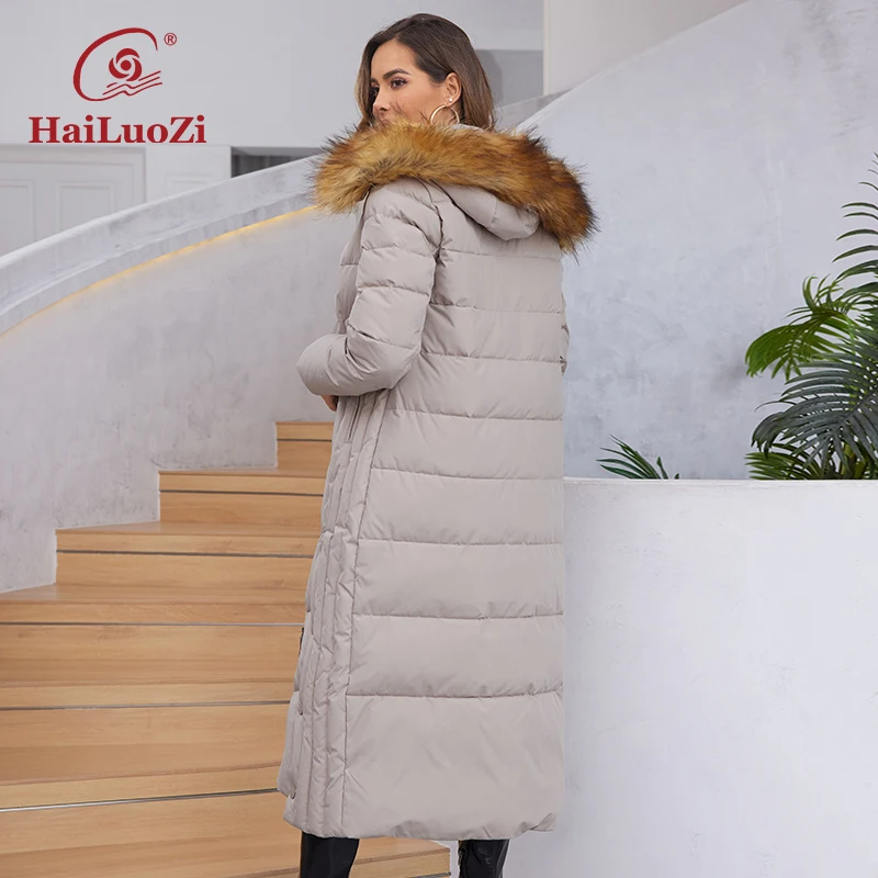 HaiLuoZi 2023 New Women Down Jacket Warm Hood With Fur Long Female Parkas Elegent Big Pockets Belt Quilting Women\'s Coats 3335