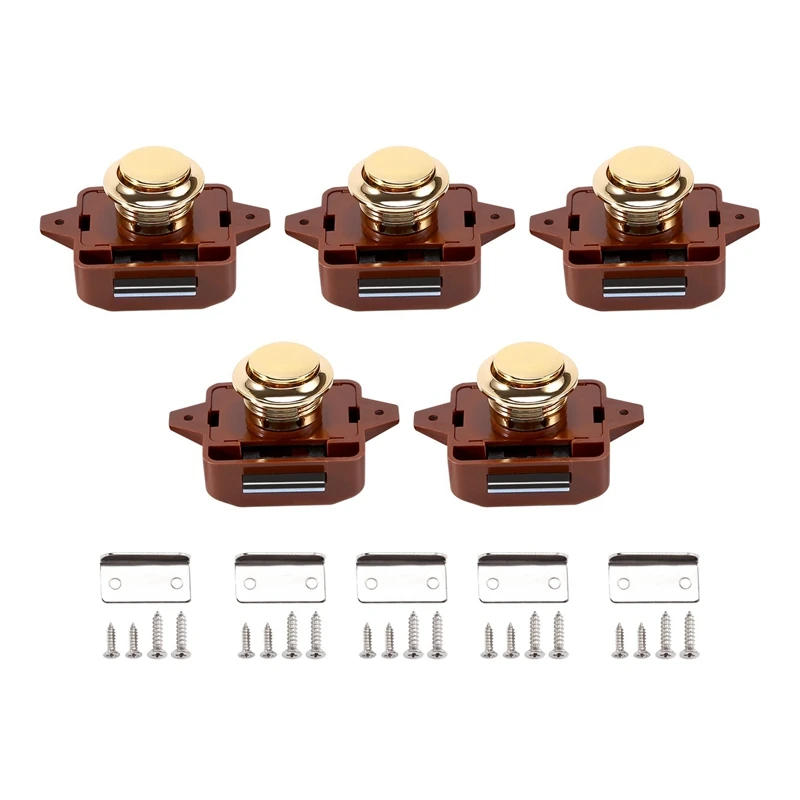 5Pcs Keyless Push Button Catch Door Knob Lock For RV Caravan Cabinet Boat Motor Home Cupboard, Brown Gold