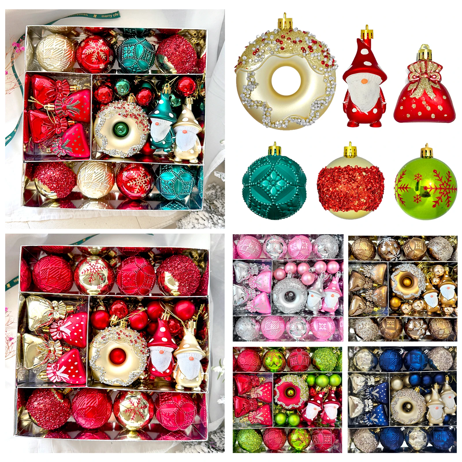 60Pcs Exquisite Christmas Ornaments Set Shatterproof Xmas Balls with Donut Gnome Creative Christmas Tree Hanging Pendants Decor