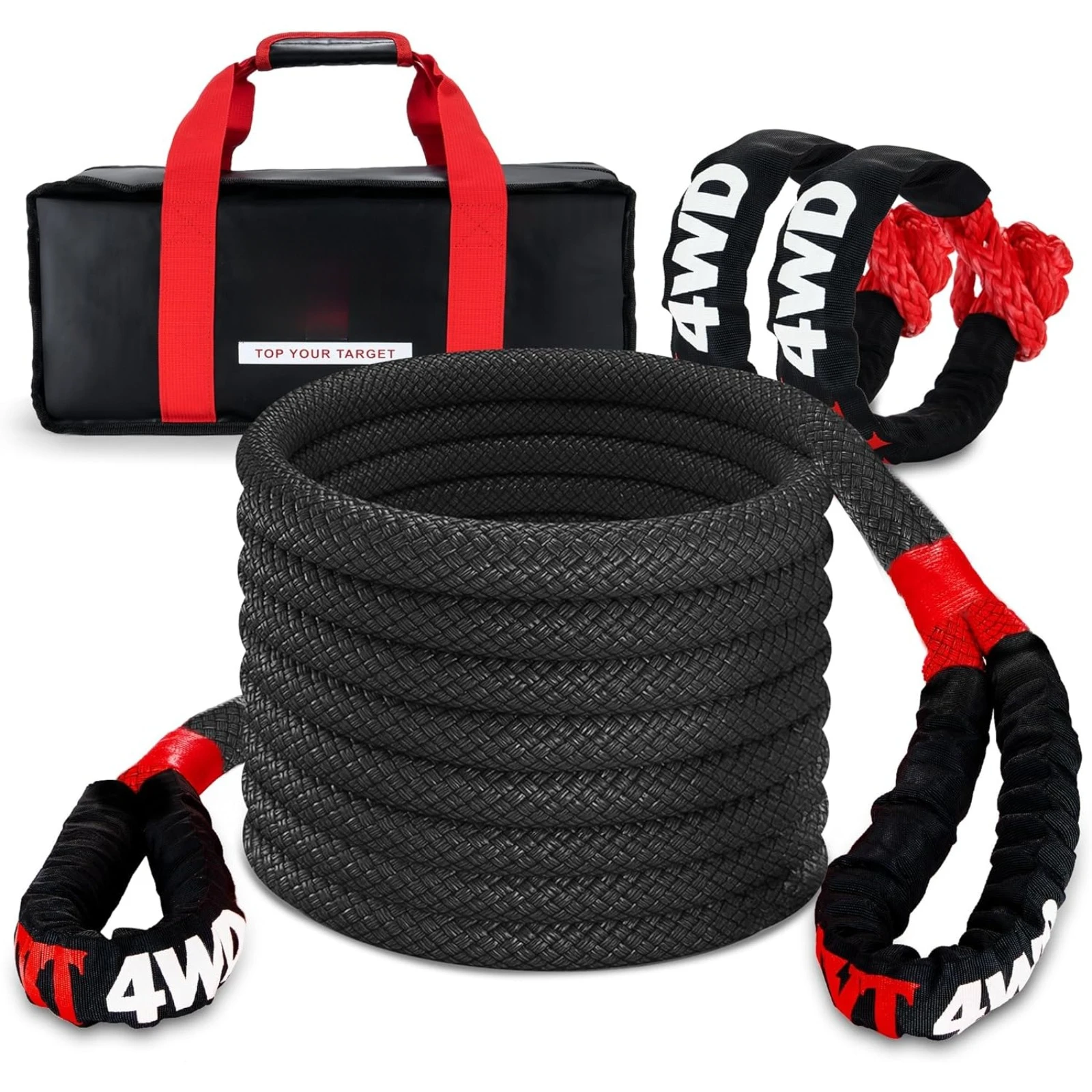 US Kinetic Recovery Rope,(1in x 30ft Black) 48000lbs Snatch Strap, Heavy Duty Stretch Nylon Towing Ropes with 2pcs Soft Shackles