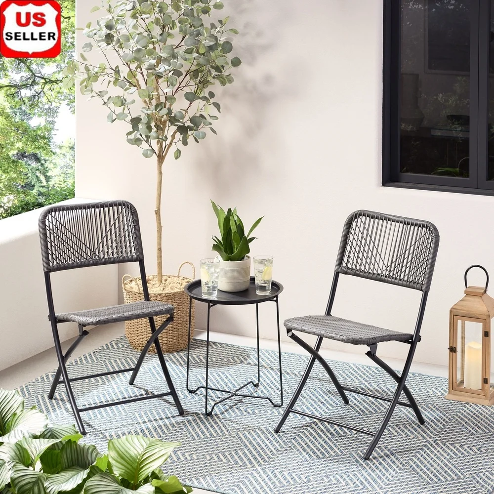 

Foldable Bistro Set 3-Piece Steel Wicker Outdoor Chairs Table Portable Weatherproof Patio Furniture