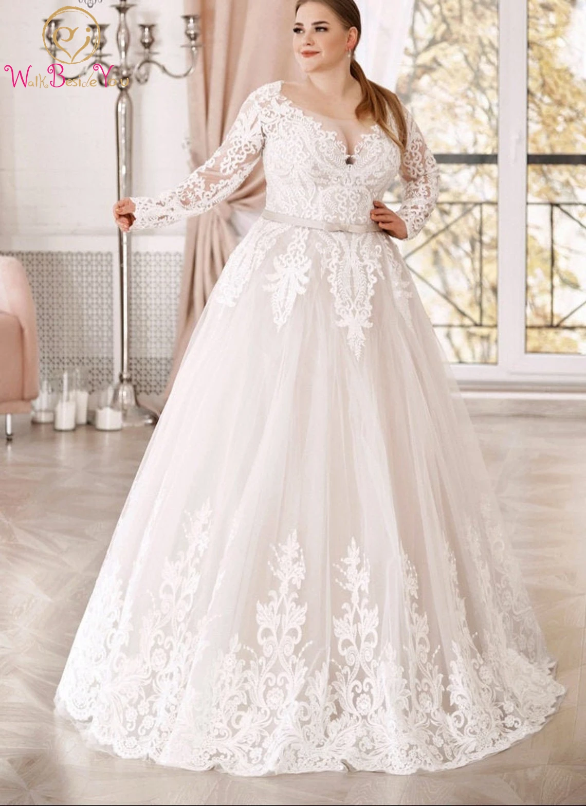 Marfim-champanhe vestidos de casamento plus size 2022 mangas completas longo até o chão renda applique tule vestido de noiva elegante vestido de baile