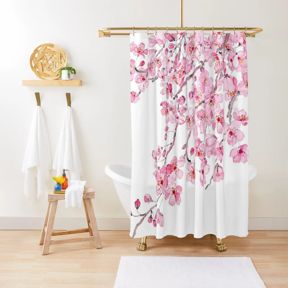

pink cherry blossom watercolor 2020 Shower Curtain For Bathrooms Bathroom Fabric Transparent Bathroom Shower Bathtub Curtain