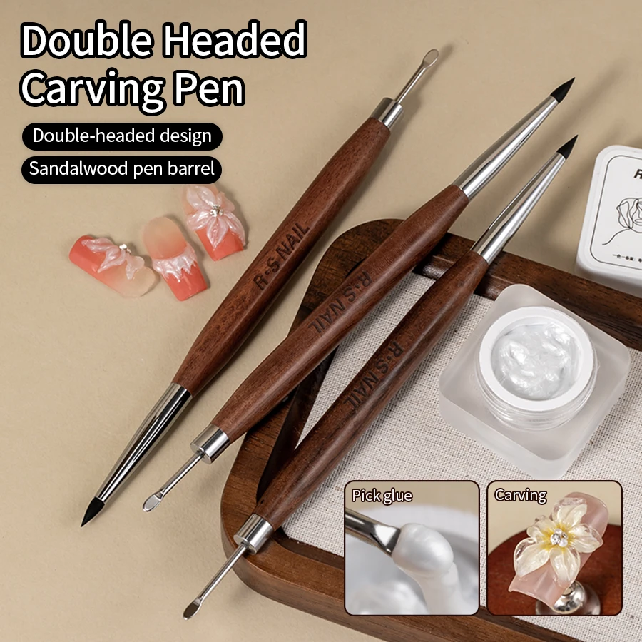 Rswail 1/2 pçs de madeira dupla cabeça escova da arte do prego silicone escultura caneta suprimentos do prego escultura flor pintura caneta para ferramenta da arte do prego
