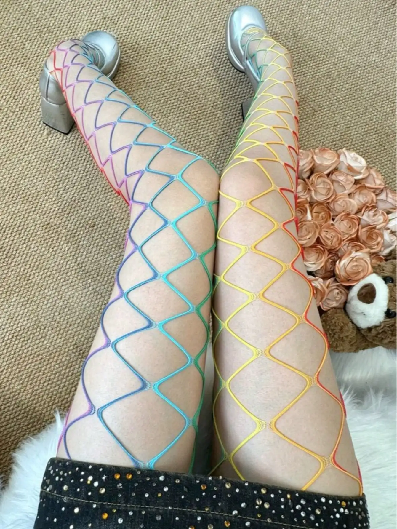 

Радужные чулки-сетка до бедра для женщин, большие размеры, сексуальное белье для вечеринок, свиданий, праздников