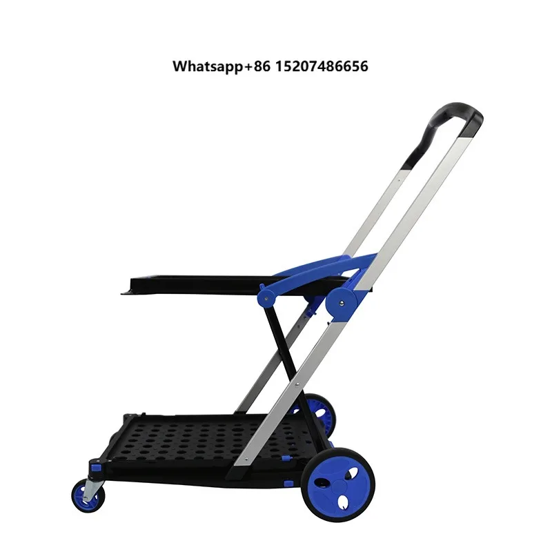 Two-Layer Blue 4-Wheel Foldable Platform Shopping Cart 300kg Load Industrial Use Multi-Functional Storage Supermarket Cart