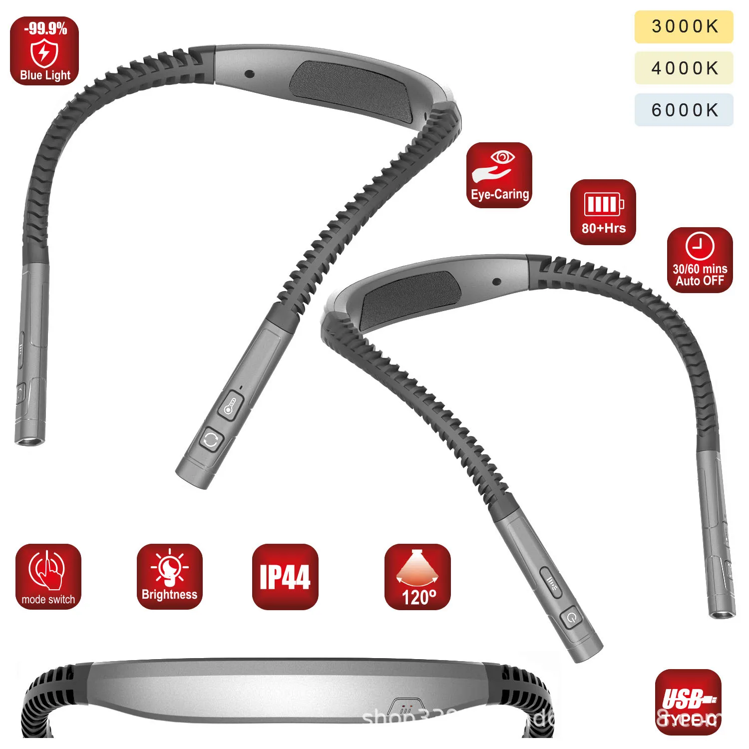 LED Neck Reading Light USB Rechargeable Book Light 3 Light Modes Bendable Neck Light Long Lasting for Camping Night Running