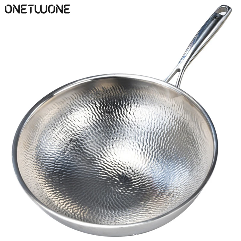 Hammered Wok,Uncoated Pure Titanium Wok With Glass Lid High Quality Round Bottom Wok Suitable For Gas Stove Kitchen Cookware