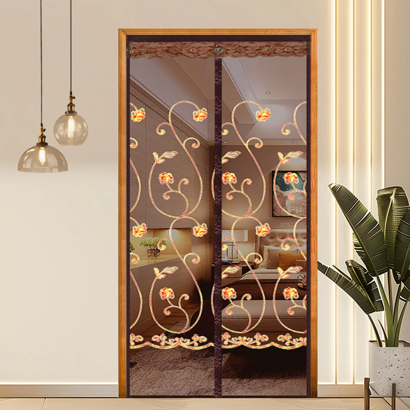 Summer Embroidered Coffee Rose Mesh Door Screen, No-Drill Magnetic Mosquito Net Door Curtain for Home Use, Breathable Insect Rep