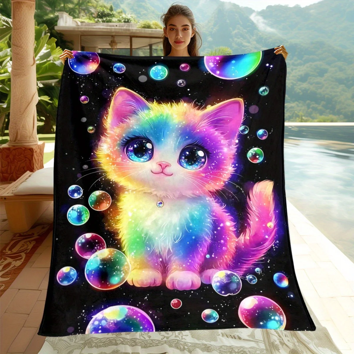 Colorful Cat and Bubbles Print Blanket Lightweight Soft Warm All Season Couch Sofa Bed Throw Camping Travel Office