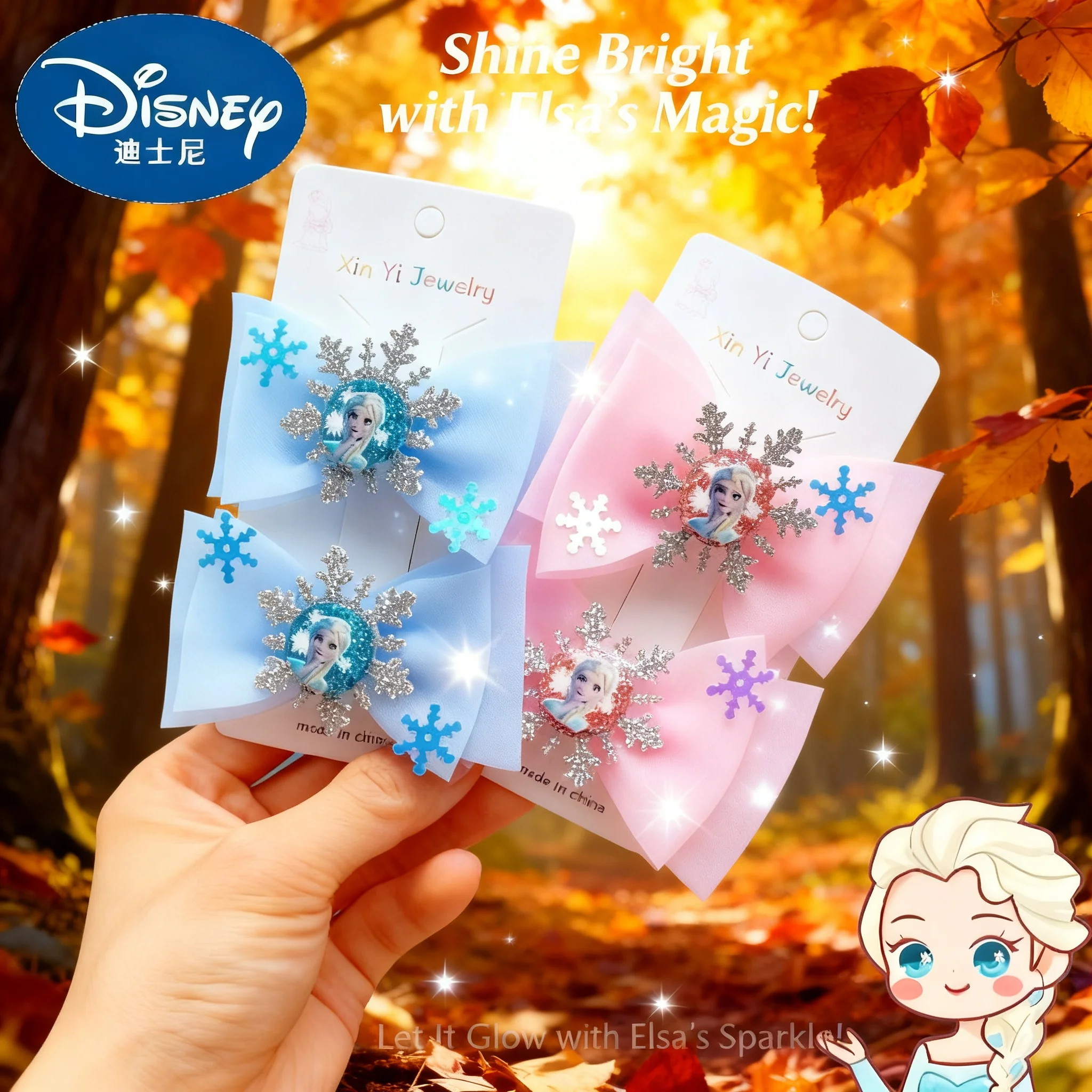 

Set of 2 Disney Frozen Elsa Princess Hair Clip Kawaii Cartoon Hairpin Bow Accessories for Girls Children Gifts