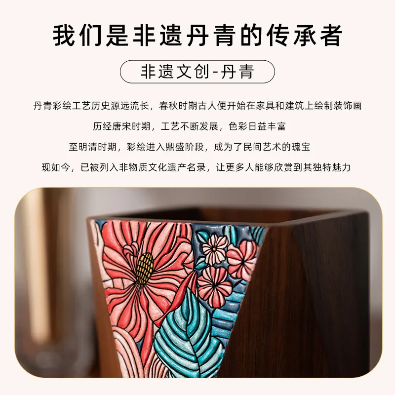 ✨Aesthetic Wooden Pen Holder Chinese Traditional Painting - High Quality Desk Organizer for Eyebrow Pencils and Cosmetic Tools