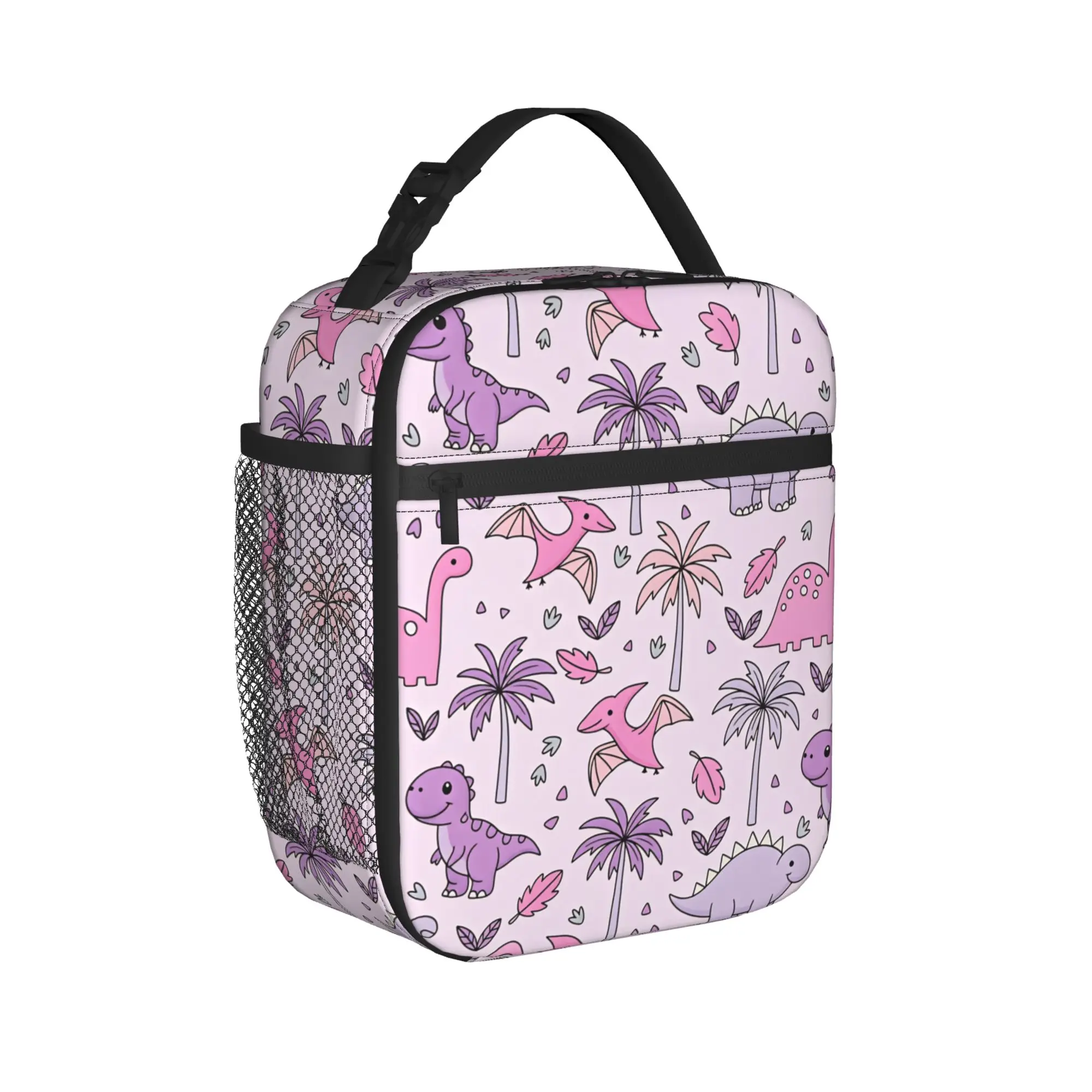 Pink Purple Tropical Dinosaur Print Lunch Bag Picnic Portable Thermal Lunch Bags For Women  Waterproof Custom Cooler Bag