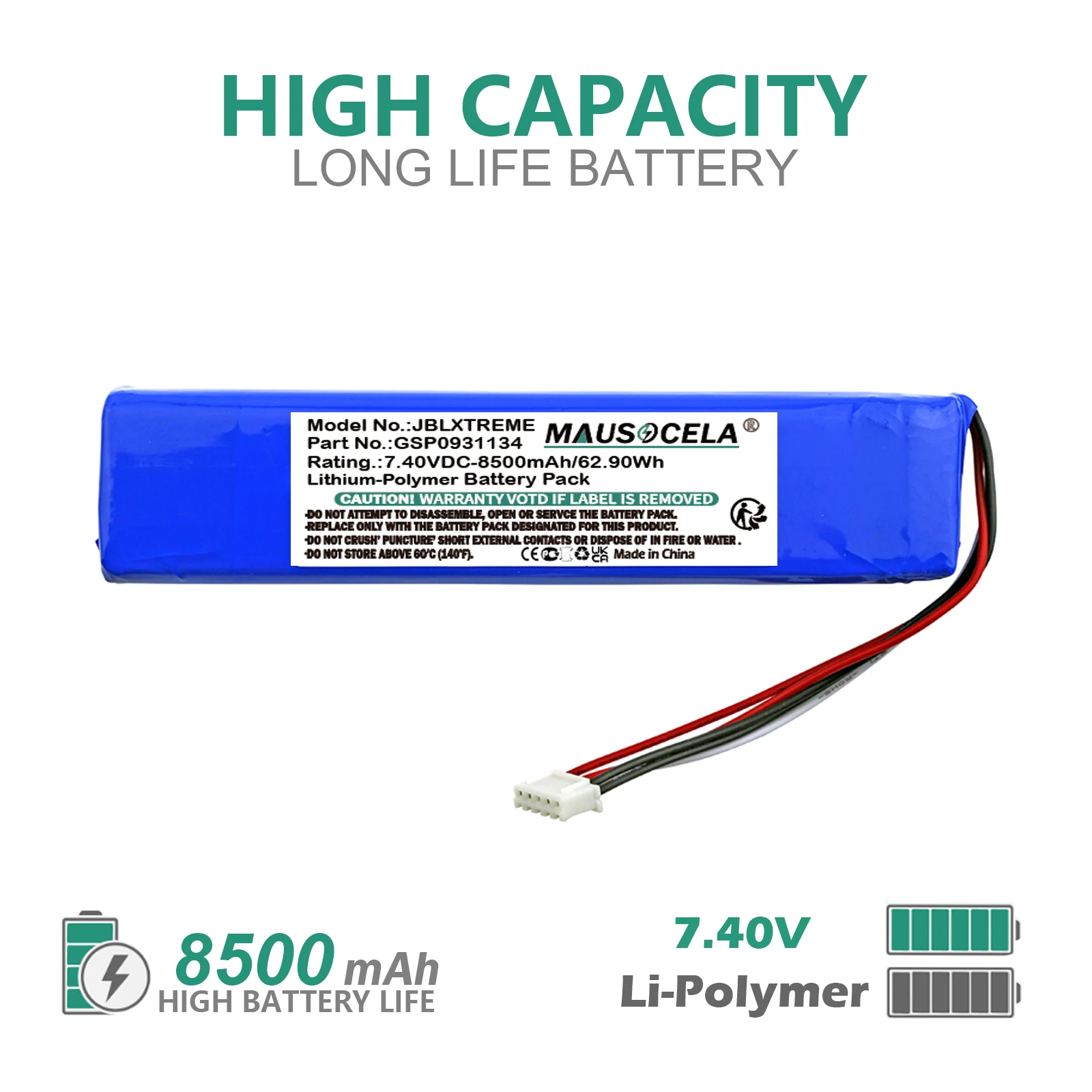 

Speaker Battery For JBL:GSP0931134,Xtreme,JBLXTREME , 8500mAh / 62.90Wh , Li-Polymer , 7.40V