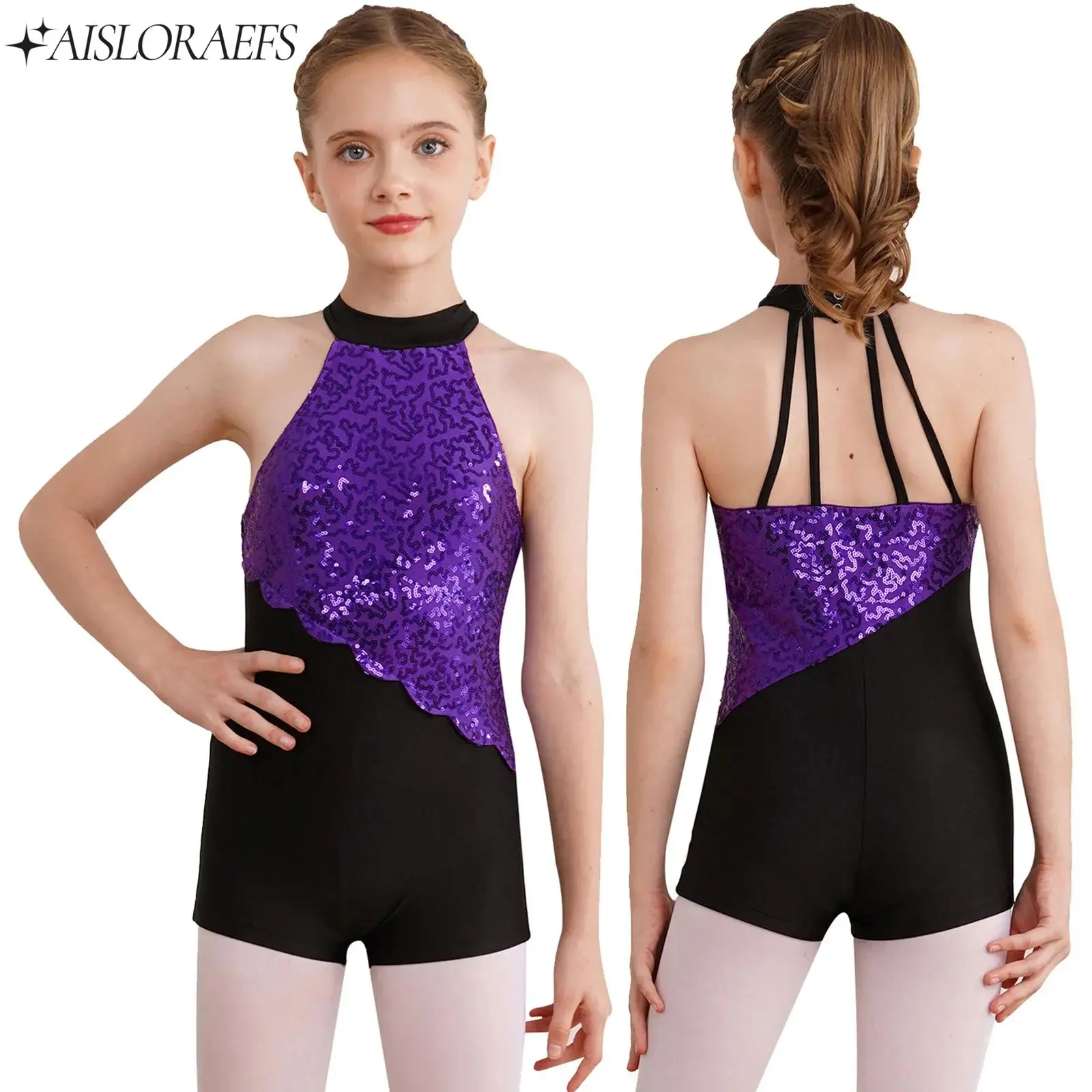

Kid Girl Glittery Sequins Ballet Dance Leotard Strappy Back Jazz Figure Skating Rhythmic Gymnastics Performance Bodysuit Costume