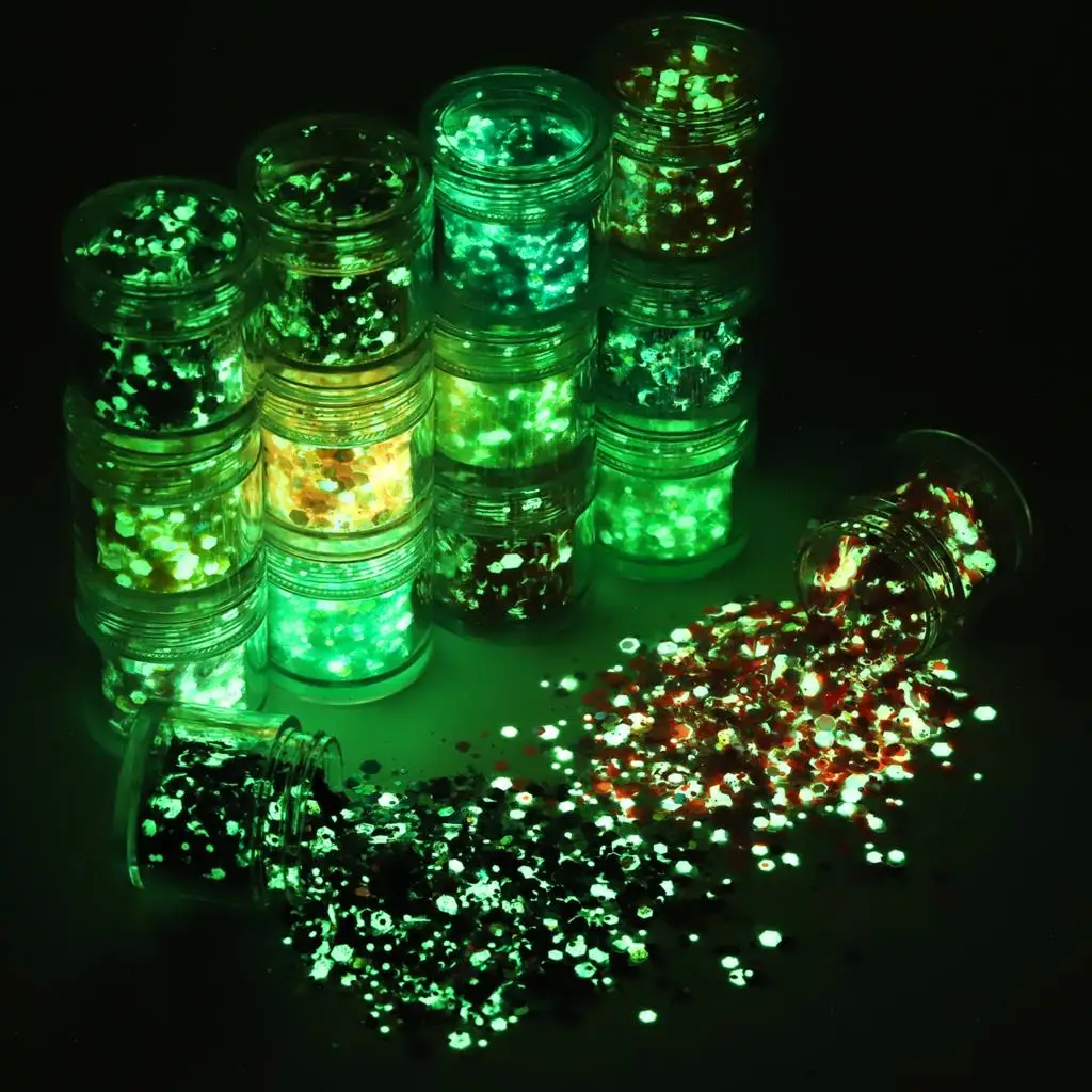 15 Colors Holographic Glow in the Dark Glitter Sequin Mixed-Size Hexagon Luminous Sequins 10g/Bottled Manicure Sequins