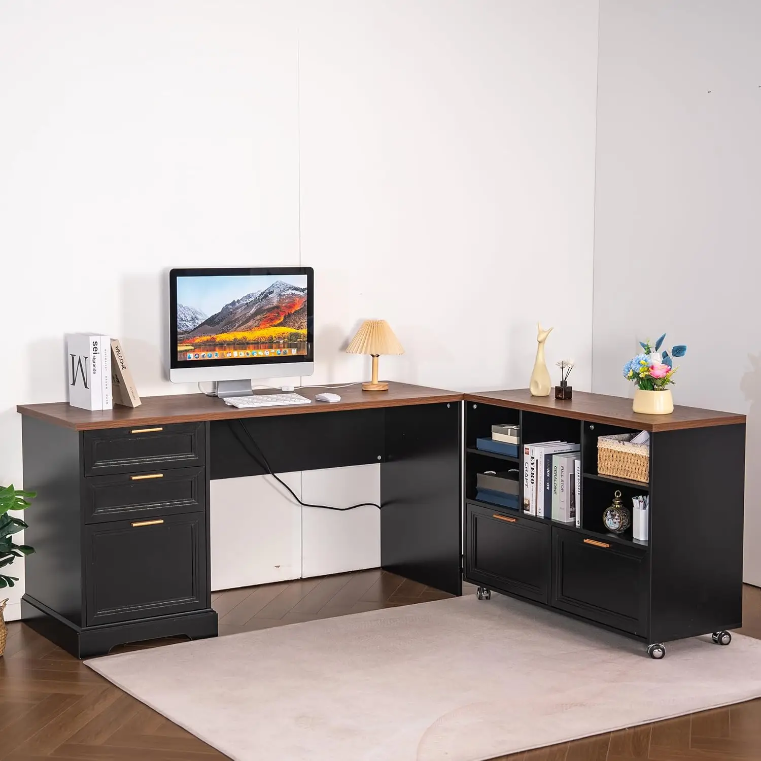 

60in L-Shaped Executive Desk with Mobile File Cabinet Charging Station Home Office Study, Customized