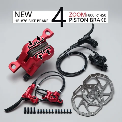 ZOOM HB-876 4 Piston Folding Mountain Bike Disc Hydraulic Brake Set Front 800 Rear 1400 Mm Mtb Bicycle Cramp Red Cycling Parts
