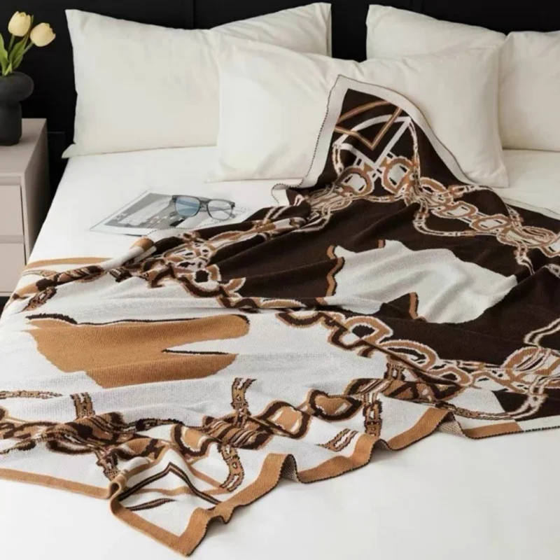 Horse Chain Knitted Blanket Brown Bedspread Modern Orange Decorative For Sofa Throw Warm Living Room Bedding Home Decorations