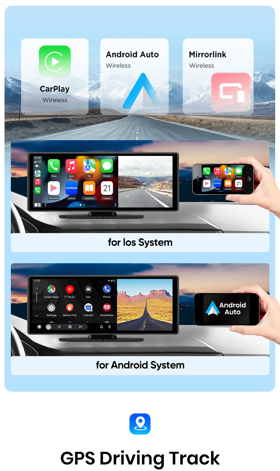 Junsun 10,26 Zoll Dashcam 4K Auto-DVR, kabelloses Carplay für Apple Android Auto, GPS-Navigation, Dashboard-Videorecorder, IPS-Touchscreen, Dual-Objektiv-Rückfahrkamera, BT-Audio, AUX, WIFI, FM – Detail 6
