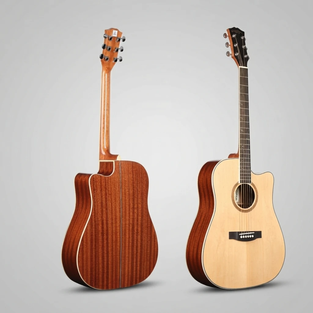 Dreadnought Cutaway Folk Acoustic Guitar,Solid Spruce Top,Sapele Body,Gloss Coating,Great Choice For New Guitar Practitioners