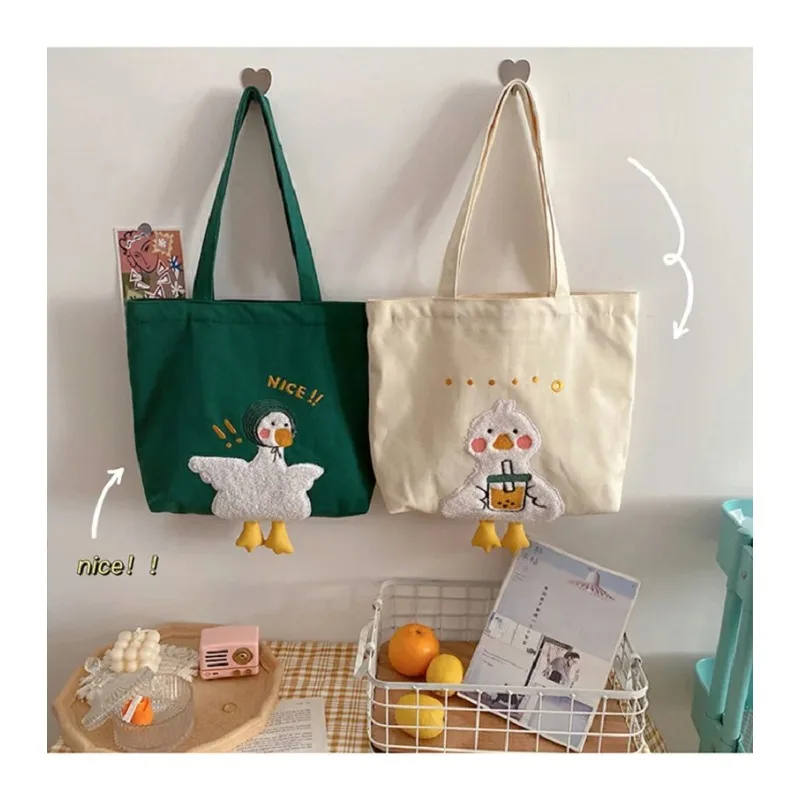 Women Tote Canvas New Fashion Large Capacity Cartoon Cute Duck Embroidery Student Shoulder Bag