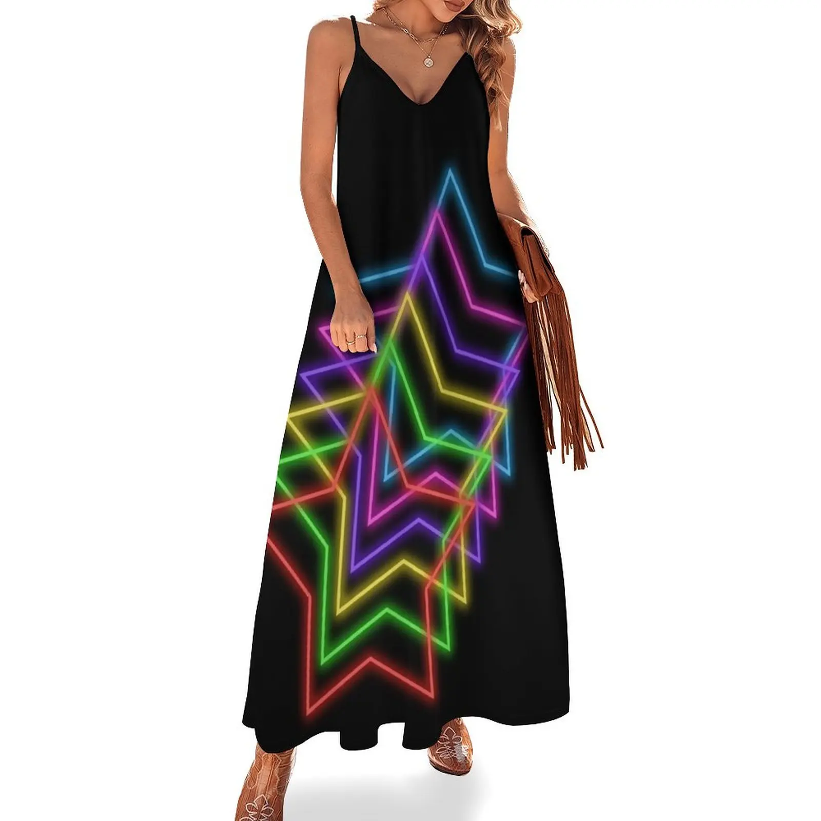 

1980s Rainbow Neon Glowing Stars, Single Image Version Sleeveless Long Dress dresses ladies 2025 summer Dress