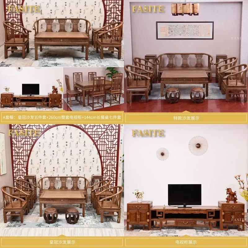 For Living Room Mahogany Chicken Wing Wood Sofa Set TV Cabinet Tea Table Dining Table and Chairs Full Suite Furniture