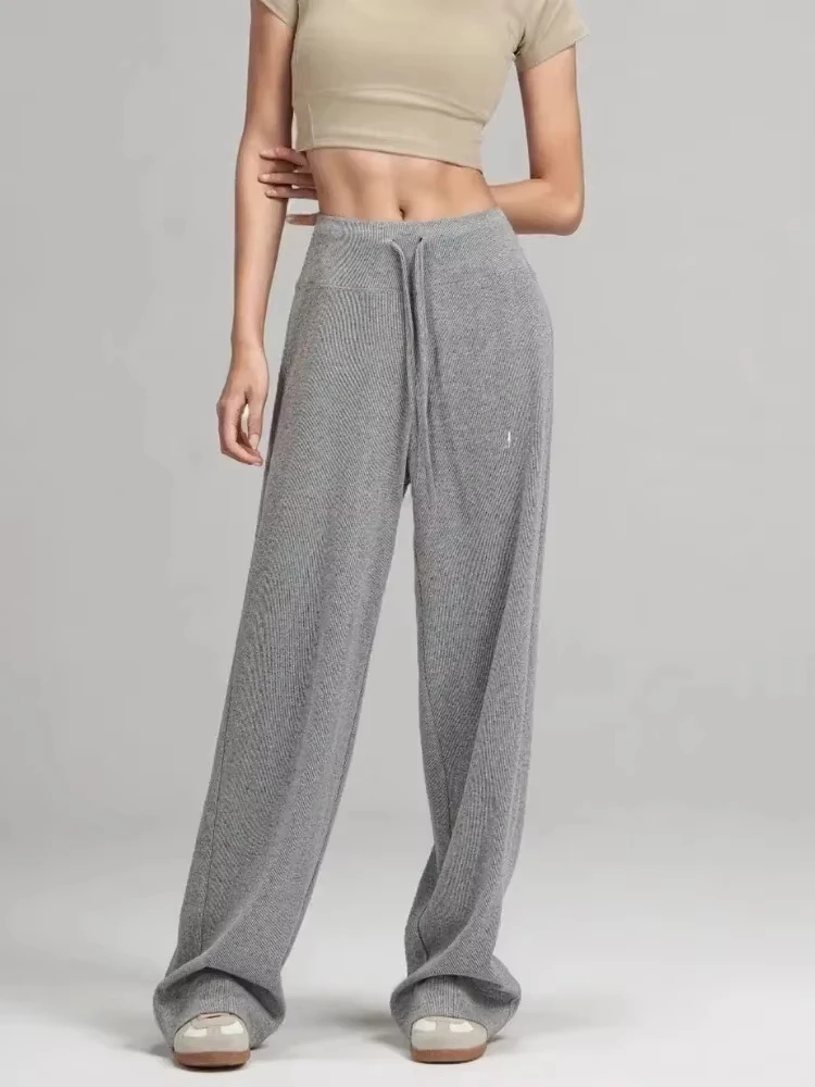 

Fashion Casual Solid Sports Trousers for Women Knitted Drawstring Women's Wide-Leg Pants Loose Straight Fitness Baggy Sweatpants