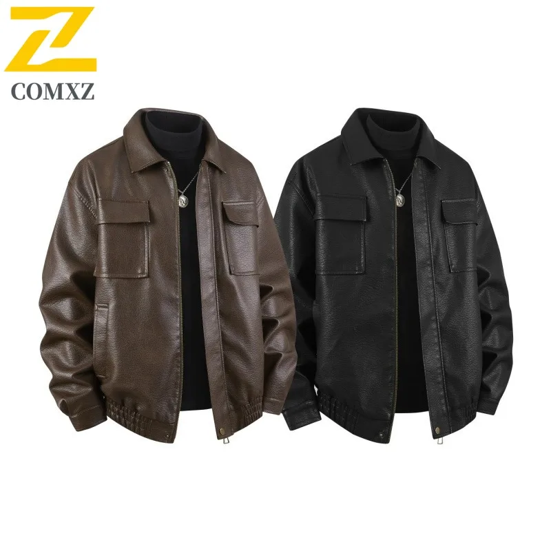 

COMXZ Men Riding Leather Jacket High End Stand Collar Outdoor Comfort Motorcycle Coat Street Fashion Lightweight Autumn Clothing