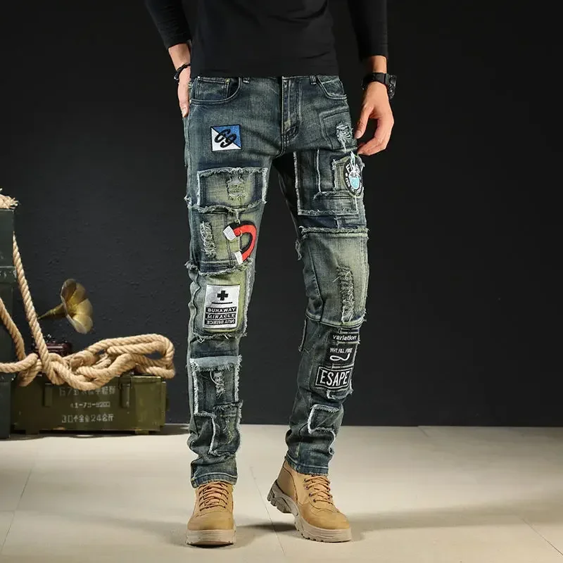 Slim Fit Skinny Male Cowboy Pants Graphic Tight Pipe Khaki Męskie spodnie jeansowe Koreańska moda 90s Streetwear Regular Trend 2024