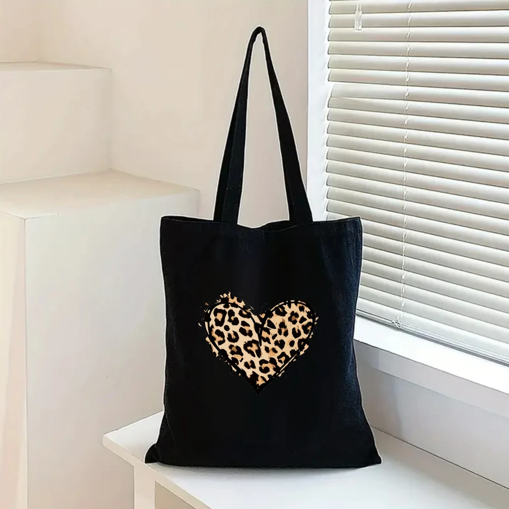 Leopard Print Heart Canvas Tote Bag, Stylish Animal Print Shoulder Bag for Fashion Lovers and Trendy Outfits - view 3