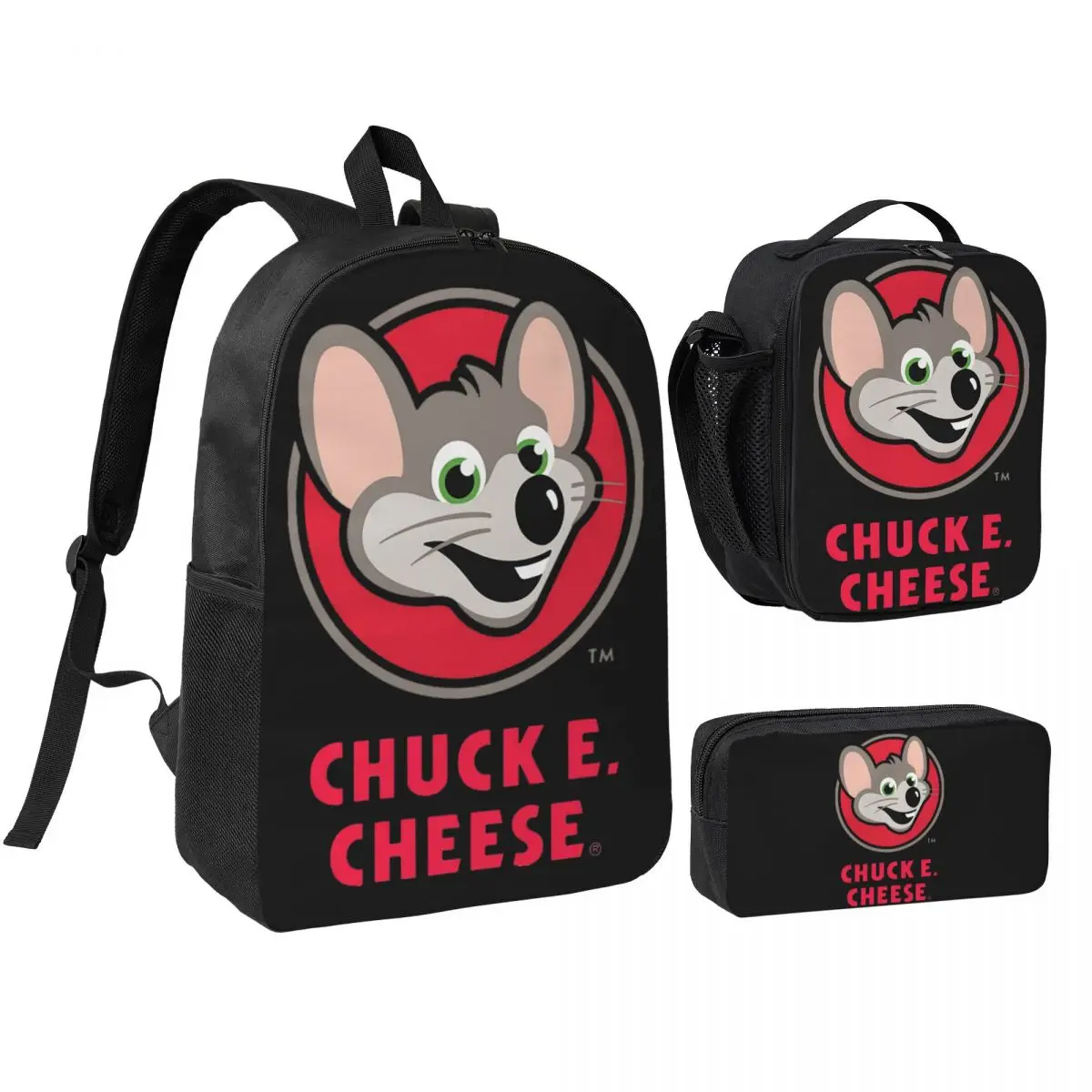 Chuck E Cheese Backpack Boys Girls BookBag School Bag Shoulder Bags 3ps Insulated Lunch Bag Pencil Case