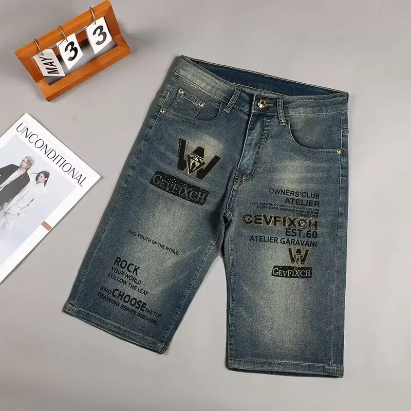 Slim Fit Men's Jeans Diamond Heat Transfer 5-Pocket Fashionable Casual Cotton Stretch Denim mid Waist Youth Popular Summer
