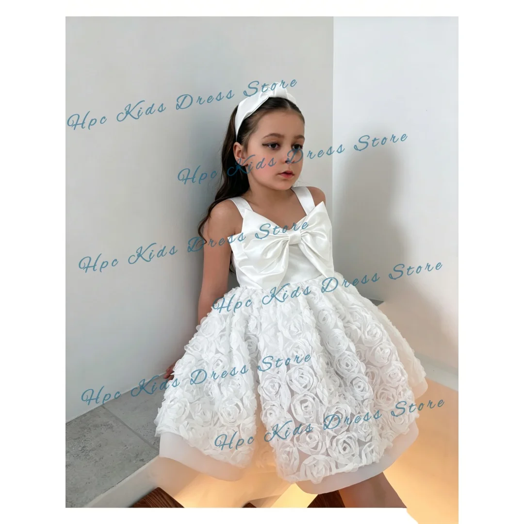 Custom White Satin Flower Girl Dress Sleeveless Bow Front Rose Applique A-Line Gown Wedding Party Bridesmaid Formal Event