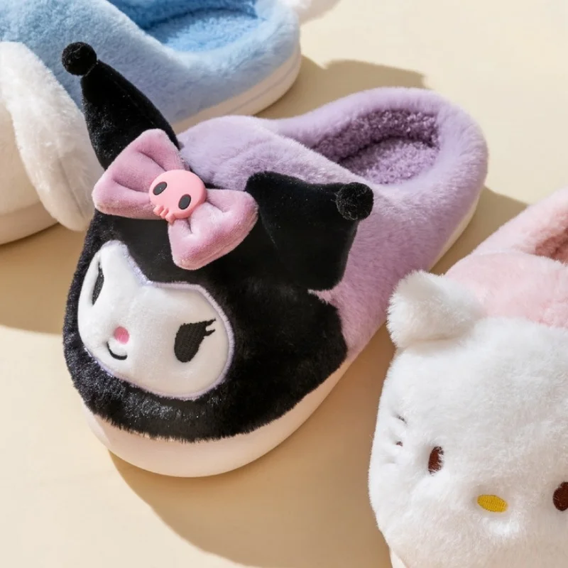 Sanrio Hello Kitty Cartoon Furry House Shoes Cinnamoroll Melody Kuromi Women Winter Plush Non Slip Slippers Cute Flat Shoes