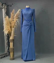 Aso Ebi Women Long Sleeves Beaded Evening Dress Blue Floor Length Muslim Dubai Wedding Party Gowns 2024 Custom Made Vestidos