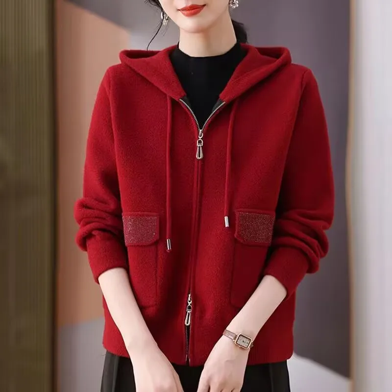 

Spring Autumn New Fashion Hooded Zipper Sweater Coat Women's Korean Loose Casual Short Knitted Cardigans Jacket Thicken Sweater
