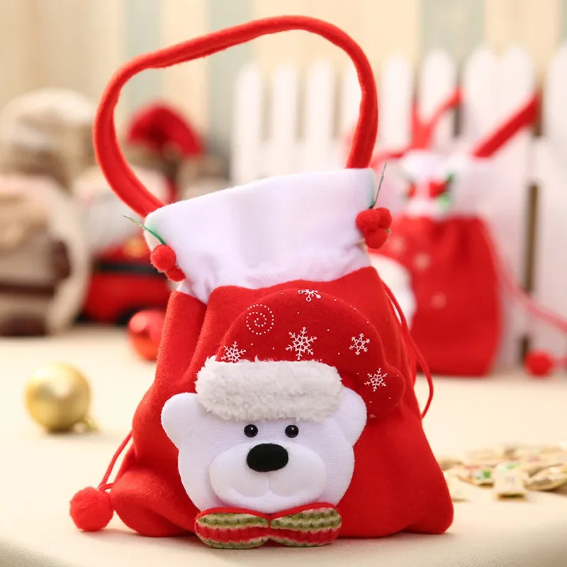 Christmas Drawstring Pouches for Apple Candy Gifts Santa Snowman Print Holiday Gift Bags Party Table Decorations Kids Favors