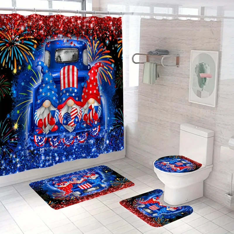 1/4pcs American Gnome Set, Glittery Fireworks Shower Curtain with 12 Hooks, Non-Slip Bathroom Carpet