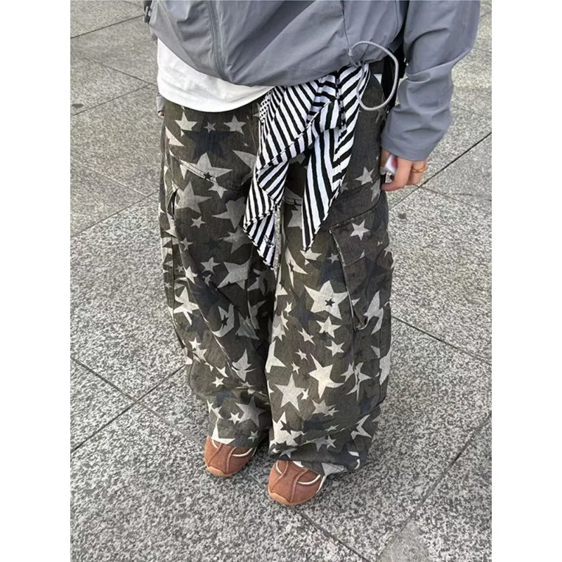 

Female Vintage High Waist Women Green Jeans Printing Fashion Streetwear Wide Leg Jean Denim Trouser Straight Baggy Denim Pants