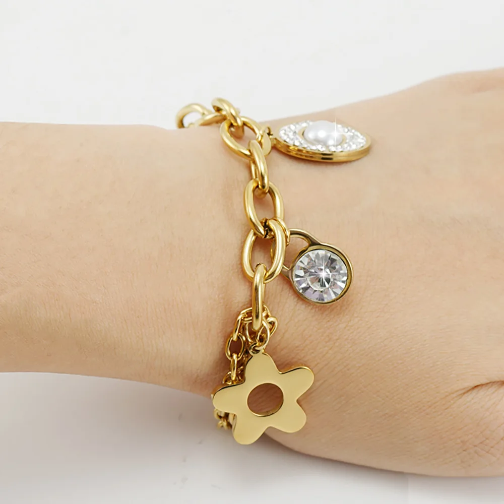 5PCS Drip Oil Sea Star Zircon Bracelet Clover Double Layer Wholesale Plated 18K Gold Stainless Steel Charm Jewelry For Women
