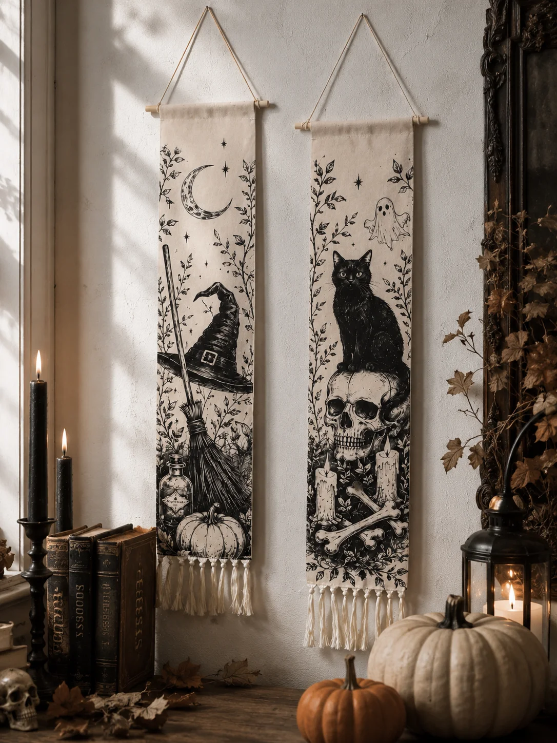 Halloween-Wandteppich mit Quasten, Gotische Hexe, Schwarze Katze, Krähe, Geisterhaus, Totenkopf-Druck, Vintage Grusel-Wandbehang Deko – Detail 17