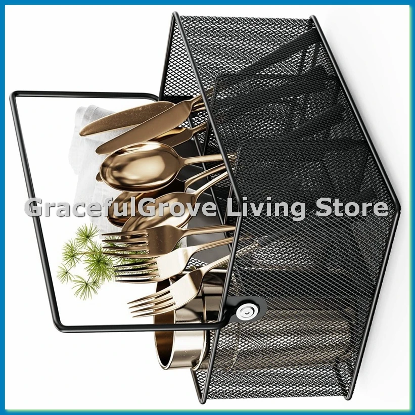 Cutlery Storage Basket with 4 Compartments, Mesh Flatware Holder Organizer Perfect for Home, Kitchen, , Camping-ABFB