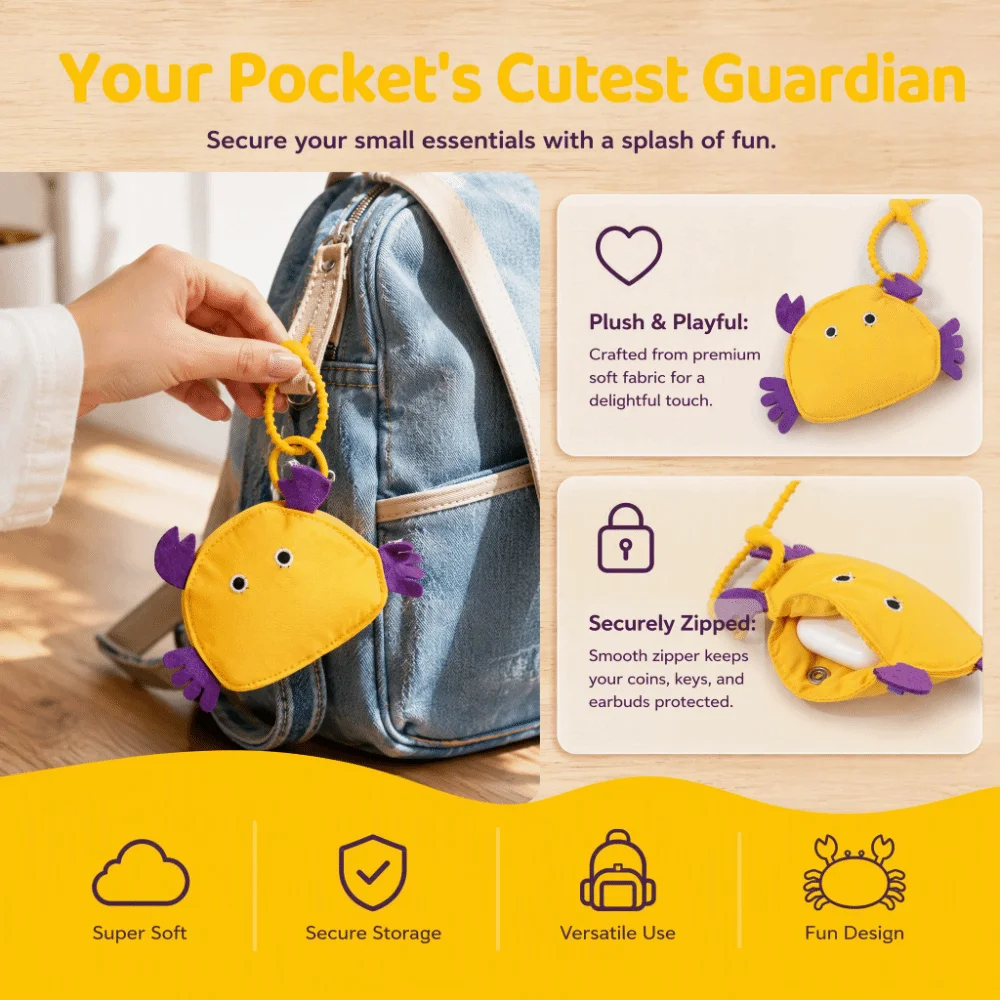 Soft Material Crab Shaped Storage Pouch Compact Mini Size Hanging Clasp Mini Coin Purse Playful Appearance Zipper Pouch