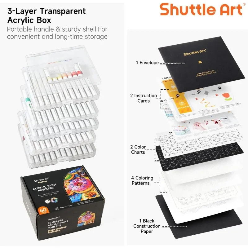 علامات طلاء أكريليك برأس فرشاة مكونة من 60 قطعة - أقلام فنية لمشاريع القماش المصنوعة من قماش الخشب والسيراميك الصخري