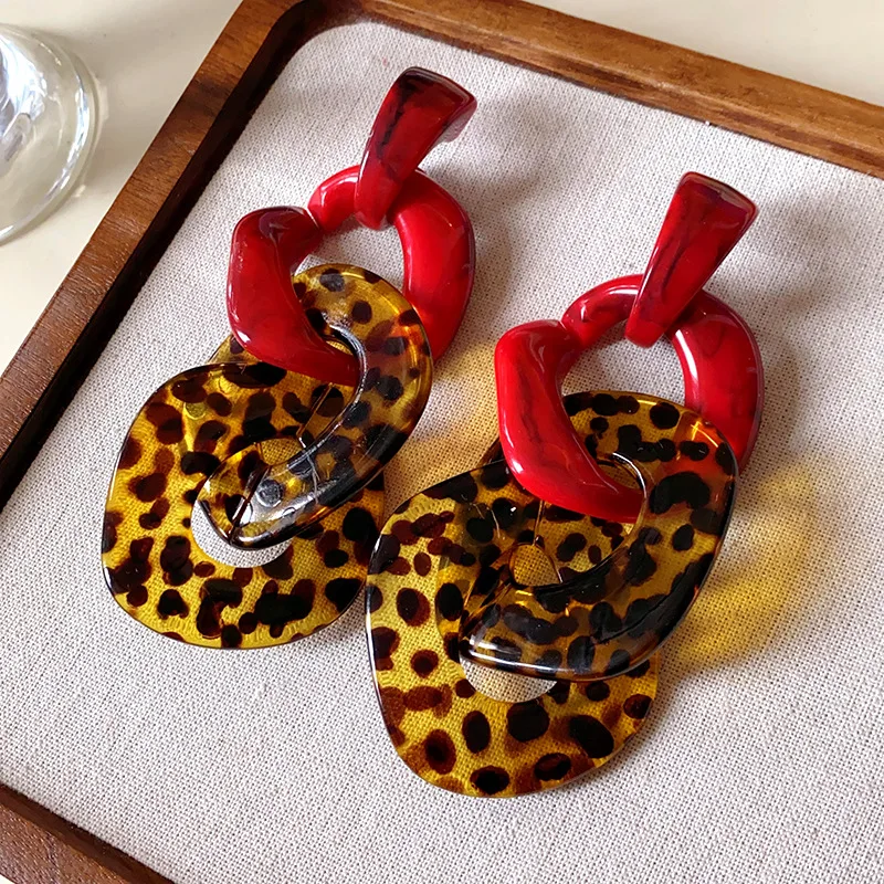 Acrylic Rhomboid Geometric Red Coffee Leopard-print Chain Long Dangle Earrings for Women Personality Retro Fashion Jewelry K-